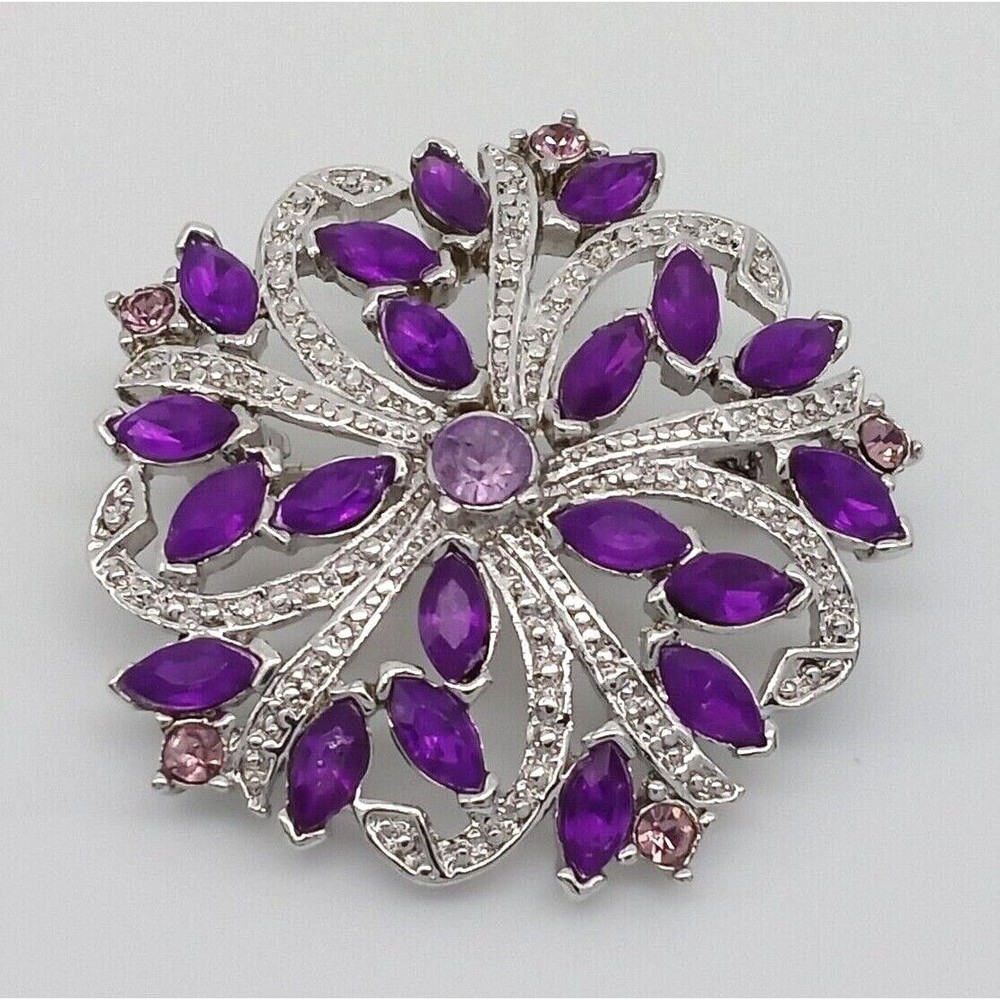 Flower Brooch Pin Purple Pavé Rhinestones Silver Tone Metal Vintage Sparkly!
